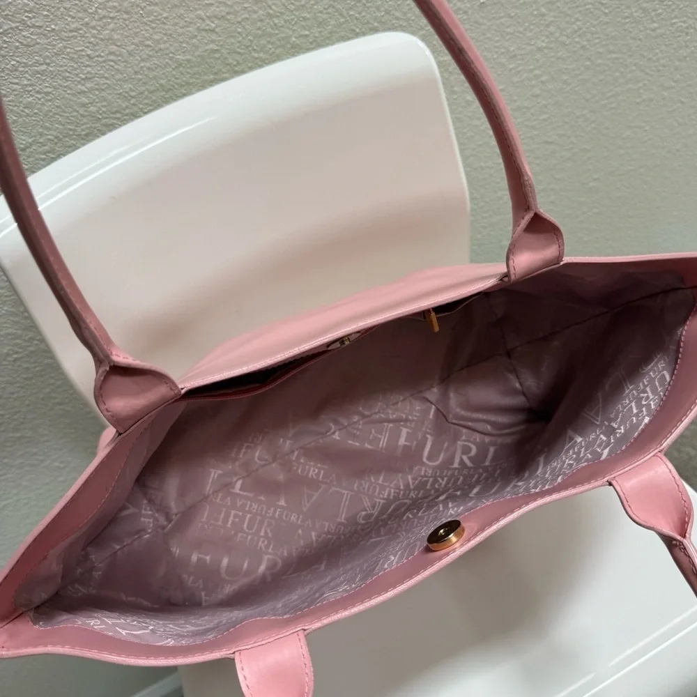 FURLA Vintage Designer Maeve Pink Vegan Leather Tote Bag with Gold Hardware - Picture 5 of 11